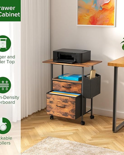 Mobile File Cabinet, 2 Fabric Drawer Filing Cabinet with Side Bag, Rolling Storage Organizer for Home Office, Vertical Printer Stand, Fits A4/Letter Size (Rustic Brown) - LeafyLoom