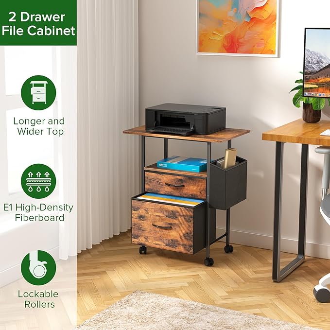 Mobile File Cabinet, 2 Fabric Drawer Filing Cabinet with Side Bag, Rolling Storage Organizer for Home Office, Vertical Printer Stand, Fits A4/Letter Size (Rustic Brown) - LeafyLoom