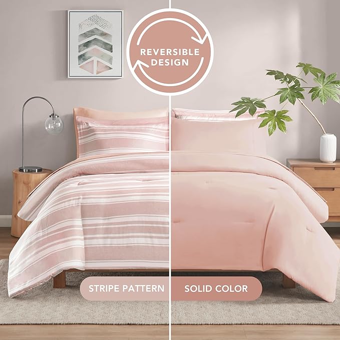 Codi Teen Girl Bedding Full Size, Pink Striped Bed in a Bag Reversible All Season Bed Set, 7 Piece Comforter Set with 2 Pillow Shams, Flat Sheet, Fitted Sheet and 2 Pillowcases - LeafyLoom