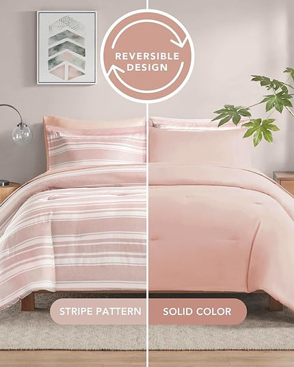 Codi Bed in a Bag Twin Size Complete Set, Pink and White Striped Single Comforter Set 5 Piece for Teen Girls, Modern Neutral Cationic Dyeing Bed Sets with Comforter, Sheets, Pillowcases & Shams - LeafyLoom