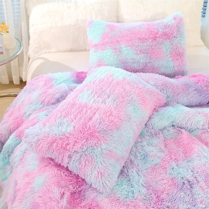Faux Fur Kids Girls Purple Rainbow Comforter Sets King - 3PC Bed Set Warm Comfortable Soft Plush Flannel Velvet Fluffy Fuzzy Bedding（Comforter x 1 Pillowcases x 2） - LeafyLoom