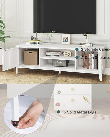 TV Stand for 55 60 inch TV, Metal TV Cabinet Modern Mid Century Entertainment Center with Storage, TV Industrial Media Console Table 2 Cabinet for Living Room, Bedroom, Office (White) - LeafyLoom