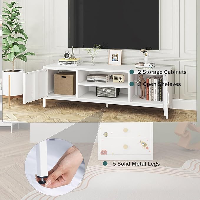 TV Stand for 55 60 inch TV, Metal TV Cabinet Modern Mid Century Entertainment Center with Storage, TV Industrial Media Console Table 2 Cabinet for Living Room, Bedroom, Office (White) - LeafyLoom