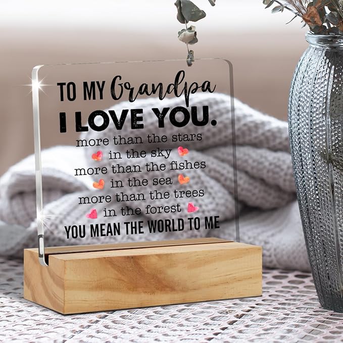Gifts for Grandfather Papa from Grandson Granddaughter, to My Grandpa Desk Decor Acrylic Desk Plaque Sign with Wood Stand Home Office Desk Sign Keepsake Father's Day Present - LeafyLoom