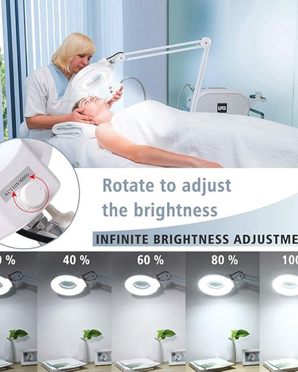 Magnifying floor lamp with 5 Wheels Rolling Base for estheticians - 1,500 Lumens LED Dimmable light with Magnifying Glass, 8-diopter Lighted magnifier for Reading, Crafts, Sewing, Close Work(5X) - LeafyLoom