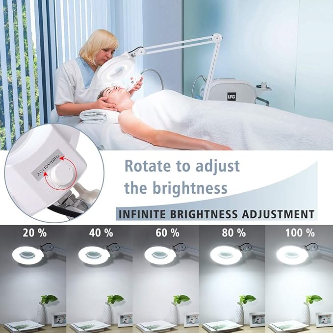 Magnifying floor lamp with 5 Wheels Rolling Base for estheticians - 1,500 Lumens LED Dimmable light with Magnifying Glass, 8-diopter Lighted magnifier for Reading, Crafts, Sewing, Close Work(5X) - LeafyLoom