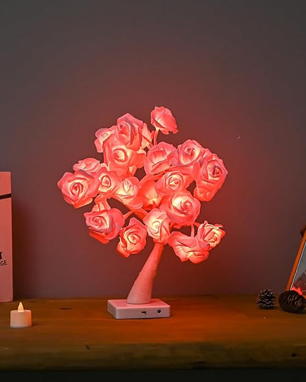 Rose Flower Tree Lamp, Led Rose Table Lamp Gift for Teens Girls Mother Home, Battery Powered, Romantic Tabletop Night Lighting for Bedroom Living Room Party Wedding Valentine's Day Desk Decor - LeafyLoom