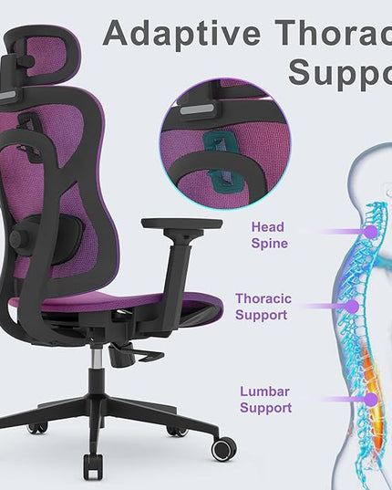 Ergonomic Mesh Office Chair, Gradient Purple Desk Chair with 3D Armrests, Adaptive Thoracic Support, 3D Lumbar Support & Adjustable Headrest, high Back Home Swivel Computer Chair with Tilt Function - LeafyLoom