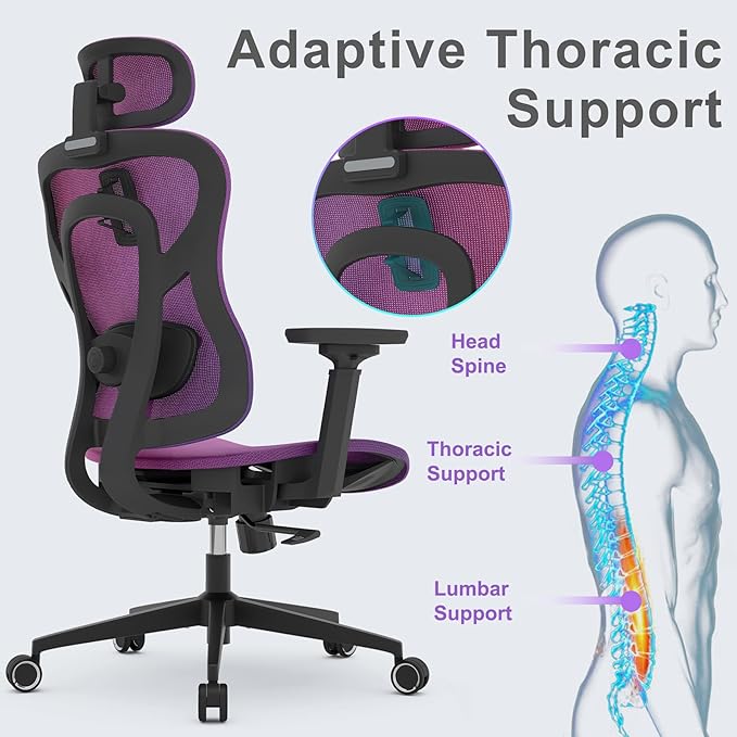 Ergonomic Mesh Office Chair, Gradient Purple Desk Chair with 3D Armrests, Adaptive Thoracic Support, 3D Lumbar Support & Adjustable Headrest, high Back Home Swivel Computer Chair with Tilt Function - LeafyLoom