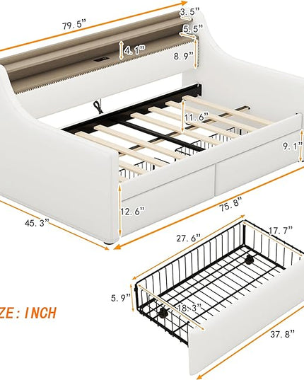Twin Size Daybed with 2 Storage Drawers, Upholstered Daybed with Charging Station and LED Lights, PU Leather Fabric Bedframe w/Headboard & Wood Slat Support for Living Room, White - LeafyLoom
