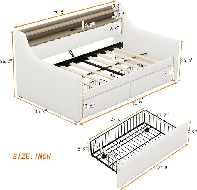 Twin Size Daybed with 2 Storage Drawers, Upholstered Daybed with Charging Station and LED Lights, PU Leather Fabric Bedframe w/Headboard & Wood Slat Support for Living Room, White - LeafyLoom