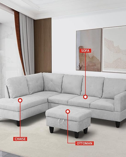 ROOMTEC 3 Piece L Shape Sectional Sofa Set, Upholstered Corner Couch with Storage Ottoman & Left Chaise Lounge, Flannelette Tufted Cushions, for Living Room, Apartment, Grey White - LeafyLoom