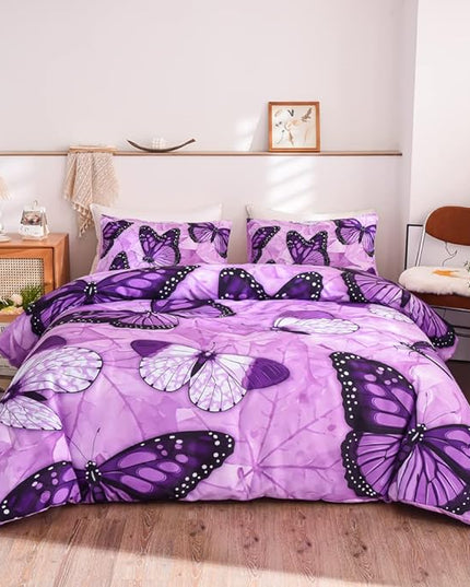 Btargot 3 Piece Purple Butterfly Girls Kids Adults Queen Size Comforter Set, Lightweight Soft All Season Bedding Set with 2 Pillowcases - LeafyLoom