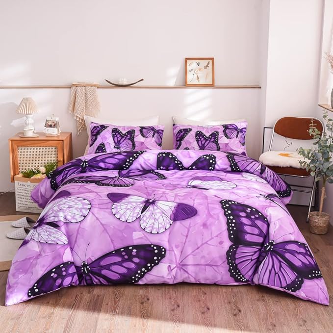 Btargot 3 Piece Purple Butterfly Girls Kids Adults Queen Size Comforter Set, Lightweight Soft All Season Bedding Set with 2 Pillowcases - LeafyLoom