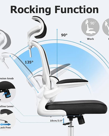 Office Desk Chair, Ergonomic High Back Mesh Office Chair with Lumbar Support and Adjustable Headrest, Swivel Computer Task Chair with Flip-up Arms, Executive Chairs for Home and Work (White) - LeafyLoom