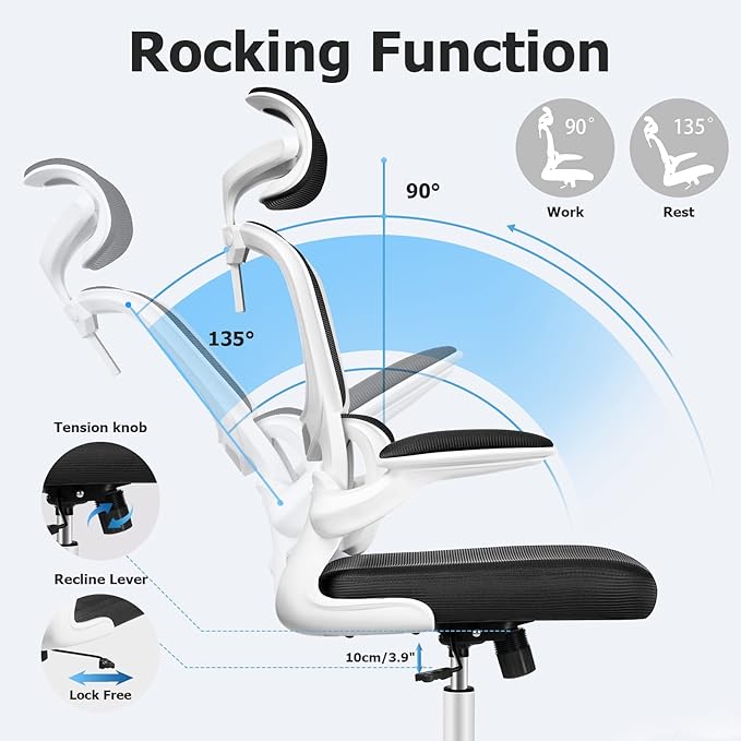 Office Desk Chair, Ergonomic High Back Mesh Office Chair with Lumbar Support and Adjustable Headrest, Swivel Computer Task Chair with Flip-up Arms, Executive Chairs for Home and Work (White) - LeafyLoom