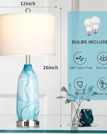 26" Coastal Table Lamps Set of 2, Modern Table Lamps with USB A+C Ports & AC Outlet, Touch Control Glass Bedside Nightstand Lamp with Night Light for Living Room Bedroom End Table Blue(Bulbs Included) - LeafyLoom