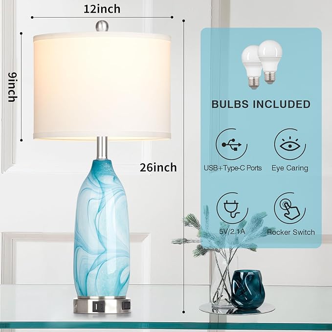 26" Coastal Table Lamps Set of 2, Modern Table Lamps with USB A+C Ports & AC Outlet, Touch Control Glass Bedside Nightstand Lamp with Night Light for Living Room Bedroom End Table Blue(Bulbs Included) - LeafyLoom