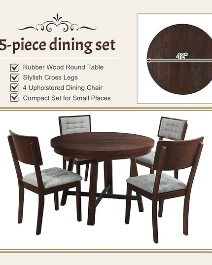 Rustic 42inch Round Dining Table Set for 4 with Cross Legs and Upholstered Chairs for Small Places, Espresso - LeafyLoom