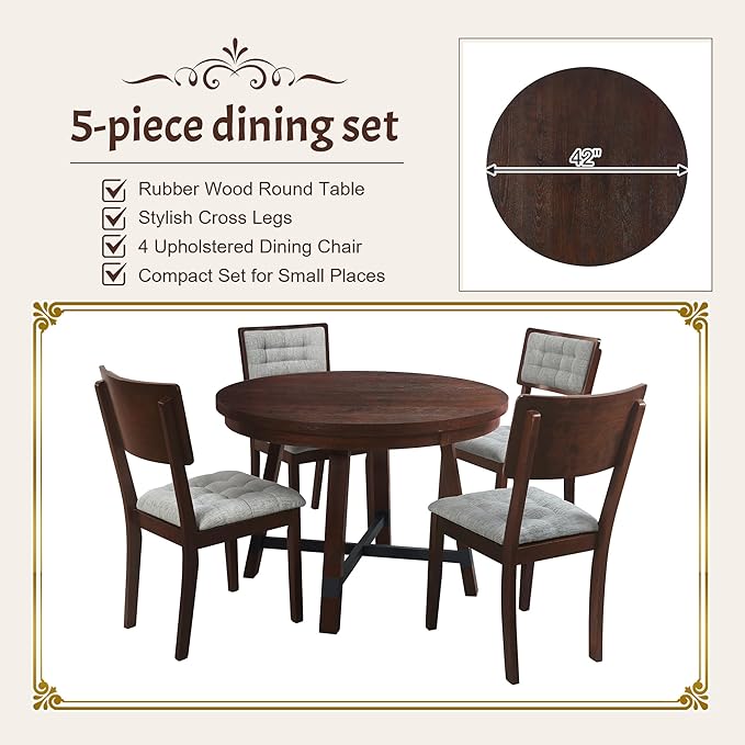 Rustic 42inch Round Dining Table Set for 4 with Cross Legs and Upholstered Chairs for Small Places, Espresso - LeafyLoom