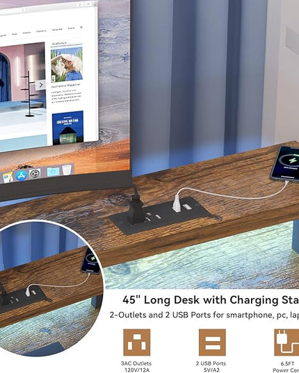 Computer Desk with Drawer and Power Outlets, Gaming Desk with LED Light, Work Desk with Shelves and PC Stand for Home Office (Rustic Brown) - LeafyLoom
