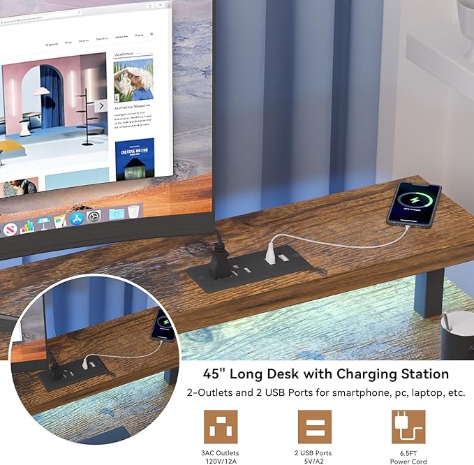 Computer Desk with Drawer and Power Outlets, Gaming Desk with LED Light, Work Desk with Shelves and PC Stand for Home Office (Rustic Brown) - LeafyLoom