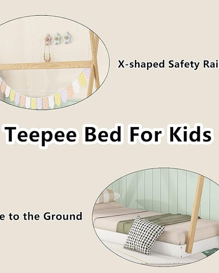 Bellemave Twin Size Tent Floor Bed Frame with Triangle Structure, Teepee Bed Platform Bed for Kids,Montessori Floor Bed for Girls Boys(Twin,White+Natural) - LeafyLoom