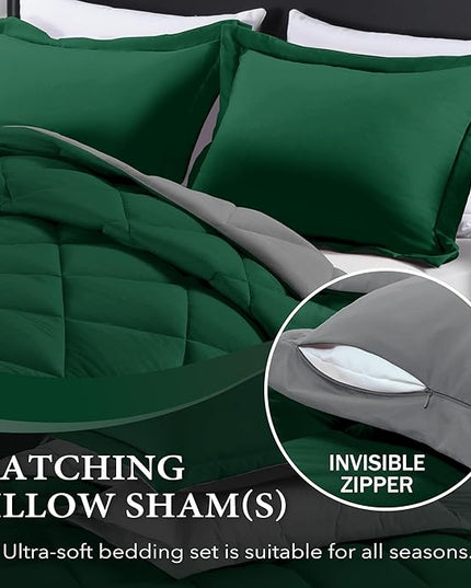 downluxe Queen Comforter Set - Dark Green and Grey Queen Comforter, Soft Bedding Sets for All Seasons -3 Pieces - 1 Comforter (88"x92") and 2 Pillow Shams(20"x26") - LeafyLoom