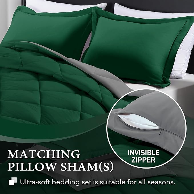 downluxe Queen Comforter Set - Dark Green and Grey Queen Comforter, Soft Bedding Sets for All Seasons -3 Pieces - 1 Comforter (88"x92") and 2 Pillow Shams(20"x26") - LeafyLoom