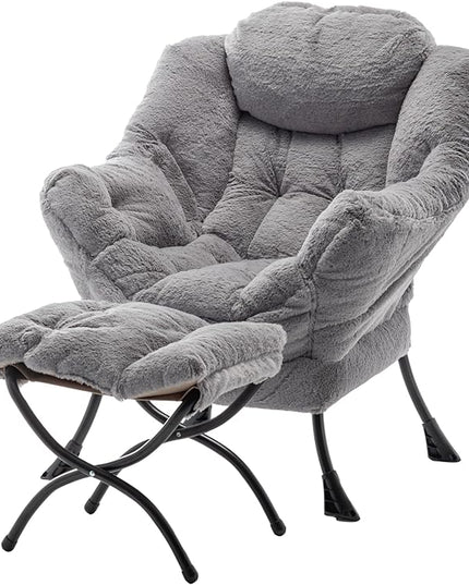 Lazy Chair with Ottoman, Modern Soft Reading Chair Accent Contemporary Lounge Leisure Sofa Chair with Armrests and a Side Pocket for Living Room, Bedroom, Dorm & Office, Plush Grey - LeafyLoom