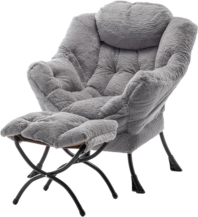 Lazy Chair with Ottoman, Modern Soft Reading Chair Accent Contemporary Lounge Leisure Sofa Chair with Armrests and a Side Pocket for Living Room, Bedroom, Dorm & Office, Plush Grey - LeafyLoom