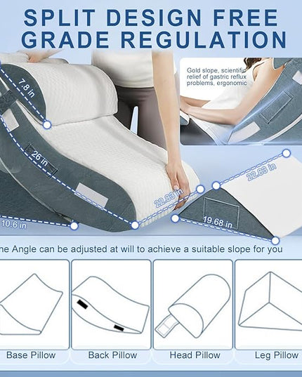 4Pcs Orthopedic Bed Wedge Pillow Set for Sleeping, Memory Foam Bed Wedge Pillow for Post Surgery, Back, Neck, Knee Pain Relief, Adjustable Sleeping Wedge Pillow with Washable Cover - LeafyLoom