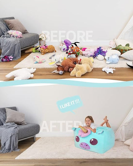 Aubliss Unicorn Stuffed Animal Storage Bean Bag Chair for Kids, Velvet Extra Soft Beanbag Chairs Cover, X-Large Stuffable Zipper Bean Bag for Organizing Plush Toys Girls Bedroom Decor, Cyan - LeafyLoom