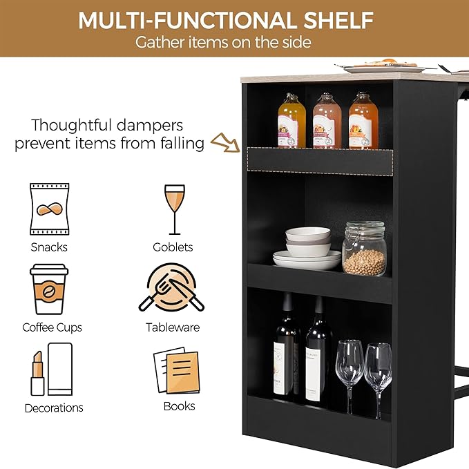 Yaheetech 3-Piece Dining Table Set, Counter Height Bar Table Set for 2, Compact Kitchen Table Set with 3-layer Side Storage Shelf for Kitchen Small Space, Black/Gray - LeafyLoom