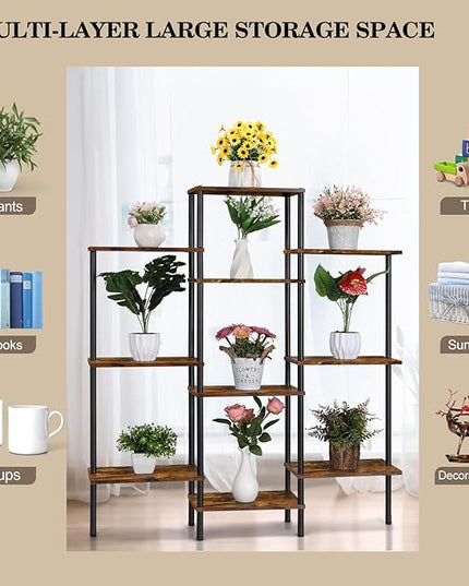 4-Tier Bookshelf,Small Triple Wide Bookcase for Books,CDs,Movies,Display Shelf with 10 Open Shelves for Living Room,Home Office,Balcony,Rustic Brown - LeafyLoom