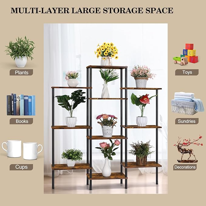 4-Tier Bookshelf,Small Triple Wide Bookcase for Books,CDs,Movies,Display Shelf with 10 Open Shelves for Living Room,Home Office,Balcony,Rustic Brown - LeafyLoom