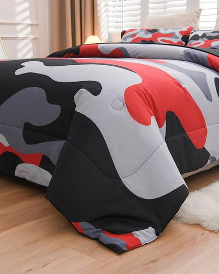 Meeting Story Camouflage Bedding Set, Colorful Pattern Style Comforter Set, 5 PCS One Comforter Two Pillowcases Two Sheets in One Bag, All Season Bedspread for Kids Teens Adults (Black, Twin 5Pcs) - LeafyLoom
