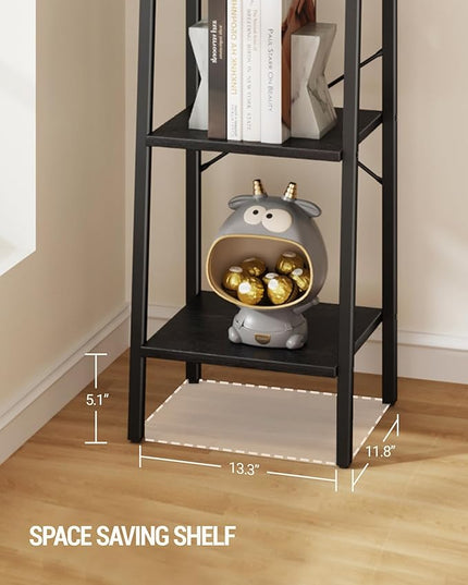Ladder Shelf, Bookshelf Bookcase, Freestanding Corner Storage Shelve with 2 Hooks for Home Office, Living Room, Kitchen, Bedroom, Industrial, 4-Tier Black BC13204B - LeafyLoom