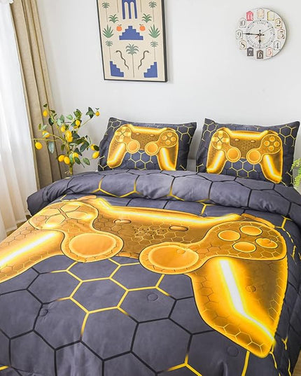NTBED Gold Game Console Comforter Set Queen for Boys Girls Kids 3D Gaming Geometric Lightweight Microfiber Bedding Sets - LeafyLoom