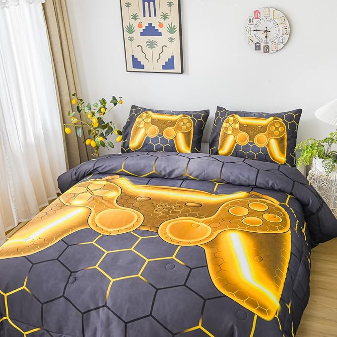 NTBED Game Console Comforter Set for Boys Girls Kids Geometric Lightweight Microfiber Bedding Sets (Gold, Full) - LeafyLoom