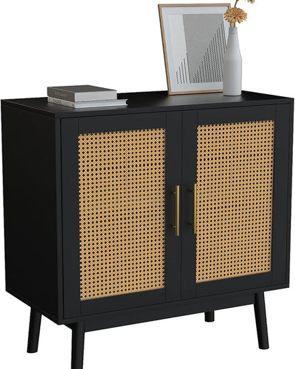 Accent Storage Cabinet with Rattan Decor Doors, Buffet Cabinet with Storage, Sideboard Cabinet for Hallway, Entry, Living Room, Black - LeafyLoom