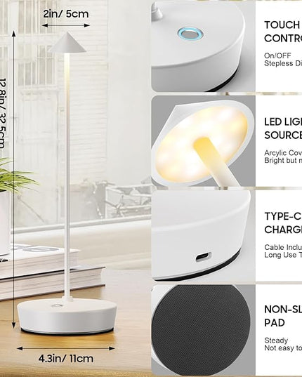 2Pack Cordless Table Lamp Rechargeable, Portable Outdoor LED Table Lamp Waterproof 6000mAh Battery Desk Lamp, 3 Color Stepless Dimming Table Light for Restaurant/Bedroom/Bar/Outdoor Party - LeafyLoom