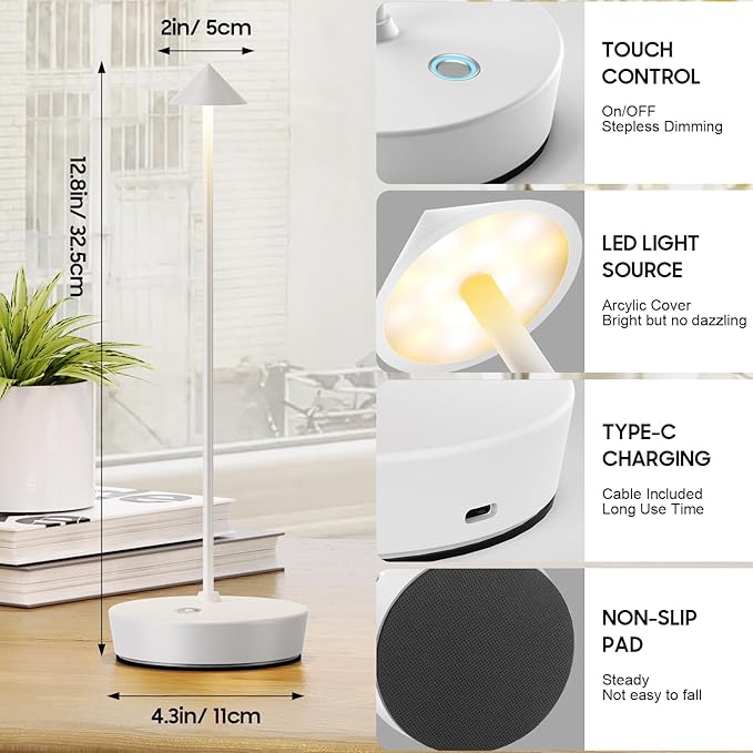 2Pack Cordless Table Lamp Rechargeable, Portable Outdoor LED Table Lamp Waterproof 6000mAh Battery Desk Lamp, 3 Color Stepless Dimming Table Light for Restaurant/Bedroom/Bar/Outdoor Party - LeafyLoom