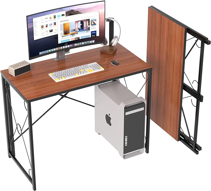 VECELO 39.4" Folding Computer Desk Simple Laptop Table Home Office Workstation for Reading Writing, No Assembly Needed, Small Space, Antique Brown - LeafyLoom