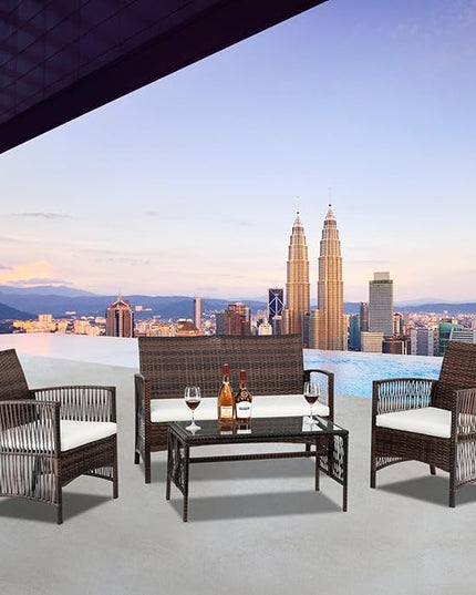 Outvita 4 Pieces Patio Furniture Set, Rattan Conversation Sets with Loveseat Soft Cushion and Glass Table for Garden Backyard Balcony Porch Poolside (Brown) - LeafyLoom