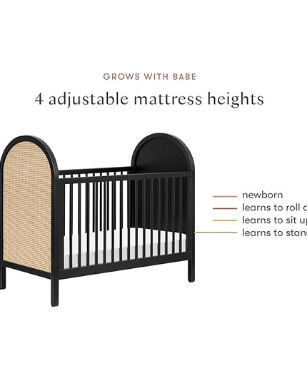 babyletto Bondi Cane 3-in-1 Convertible Crib with Toddler Bed Conversion Kit in Black with Natural Cane, Greenguard Gold Certified - LeafyLoom