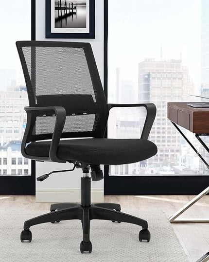 FDW Office Chair Ergonomic Desk Chair Mid-Back Mesh Computer Chair Lumbar Support Comfortable Executive Adjustable Rolling Swivel Task Chair with Armrests,Black - LeafyLoom