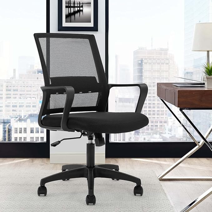FDW Office Chair Ergonomic Desk Chair Mid-Back Mesh Computer Chair Lumbar Support Comfortable Executive Adjustable Rolling Swivel Task Chair with Armrests,Black - LeafyLoom