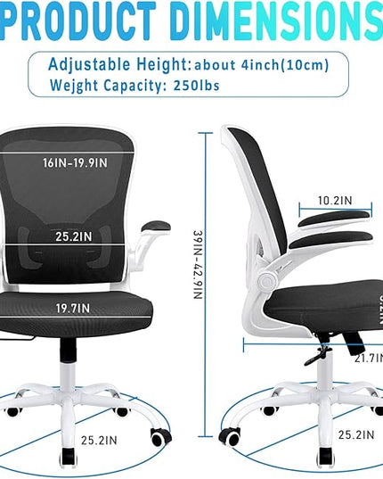 Ergonomic Office Desk Chair Breathable Mesh Swivel Computer Chair, Lumbar Back Support Task Chair, Office Chairs with Wheels and Flip-up Arms, Adjustable Height (White & Black) - LeafyLoom