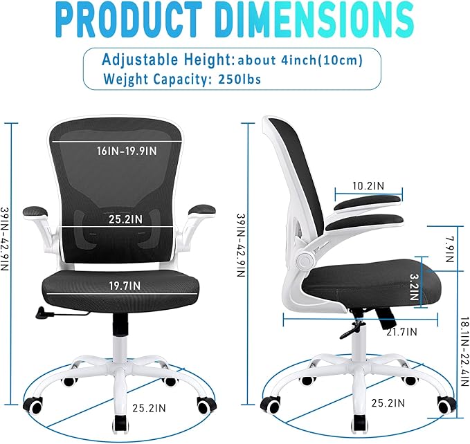 Ergonomic Office Desk Chair Breathable Mesh Swivel Computer Chair, Lumbar Back Support Task Chair, Office Chairs with Wheels and Flip-up Arms, Adjustable Height (White & Black) - LeafyLoom